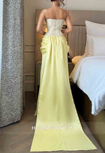 Satin Sweetheart Lace Yellow Pleated Floor-Length Strapless Evening Gowns