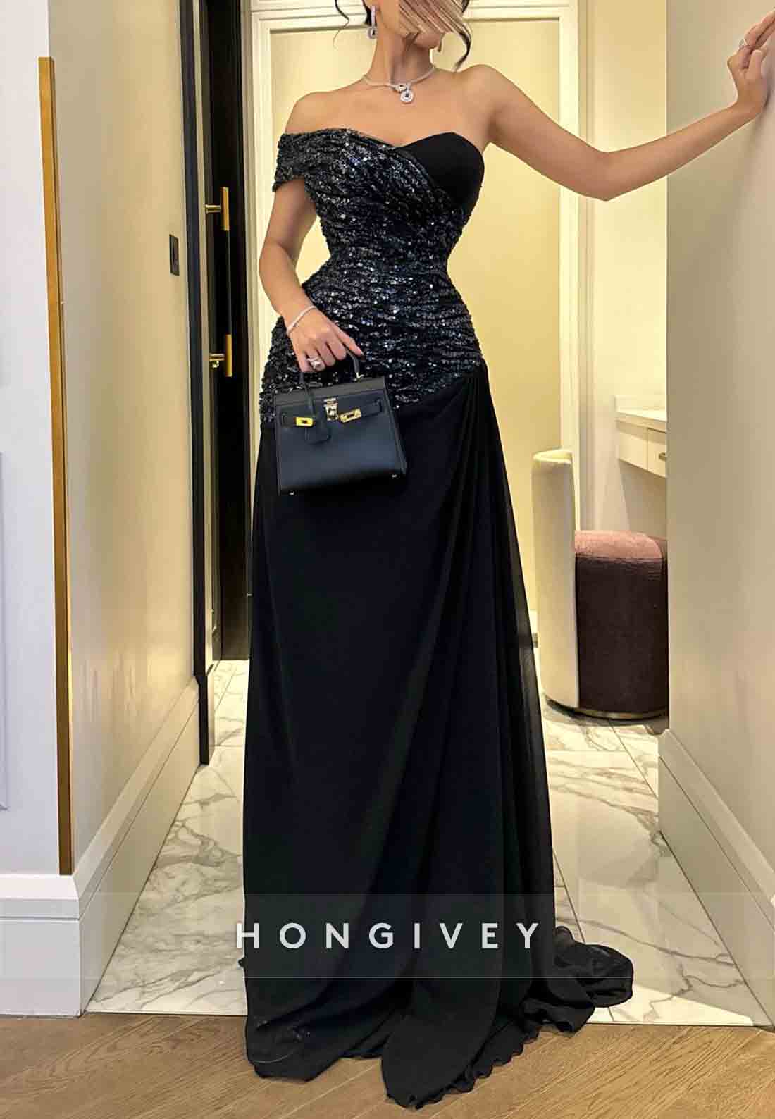 Sequined A-Line Floor-Length Off the Shoulder Pleated Evening Gowns