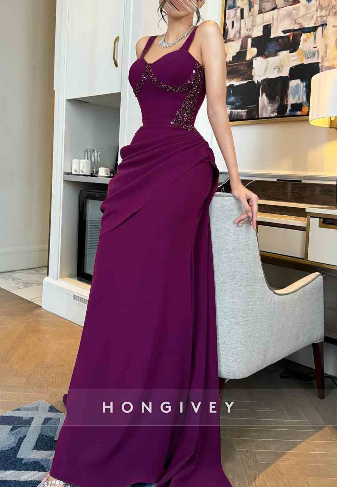 Orchid Regular Straps Sweetheart Trumpet Evening Gowns with Beading