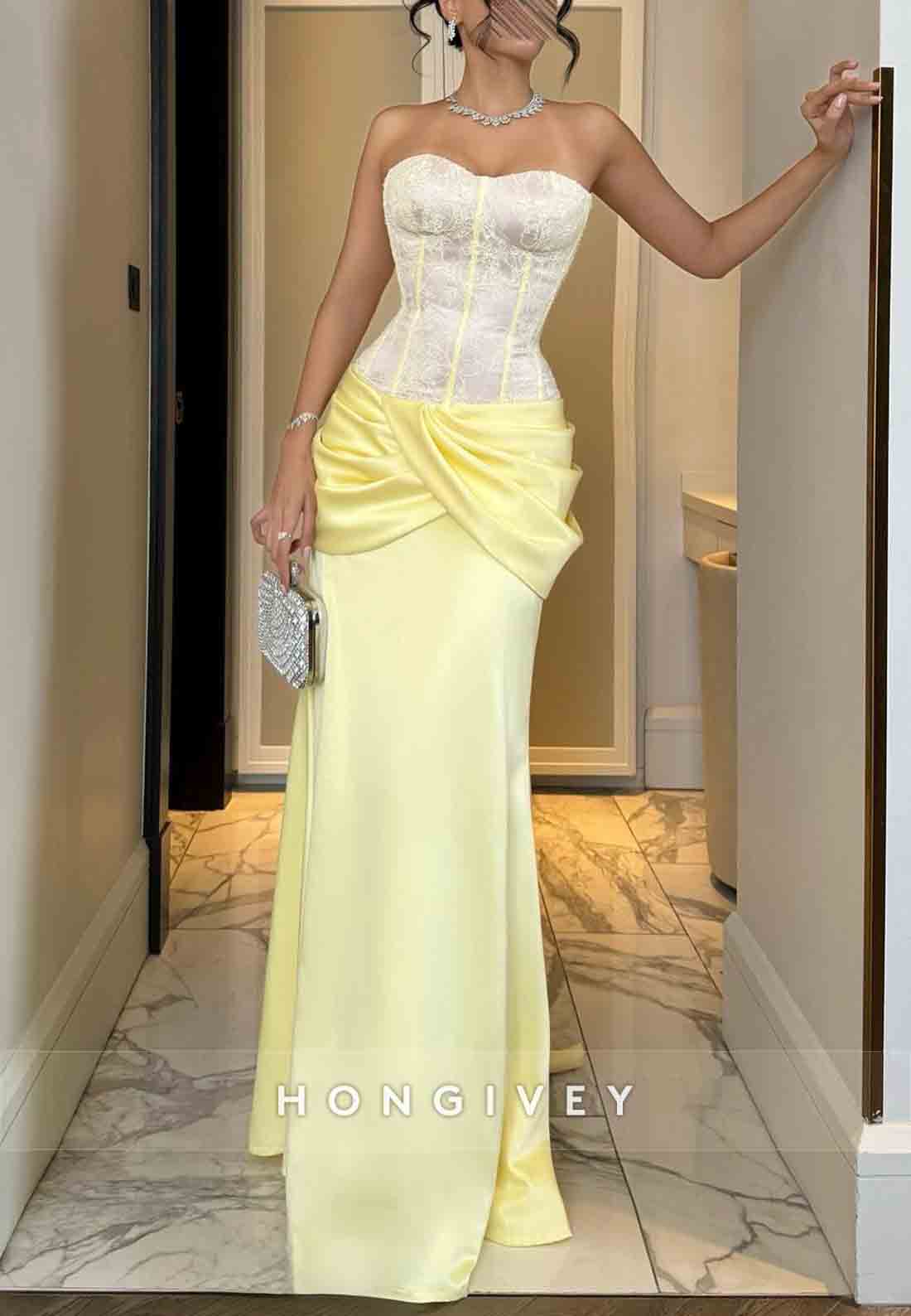 Satin Sweetheart Lace Yellow Pleated Floor-Length Strapless Evening Gowns