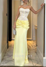 Satin Sweetheart Lace Yellow Pleated Floor-Length Strapless Evening Gowns