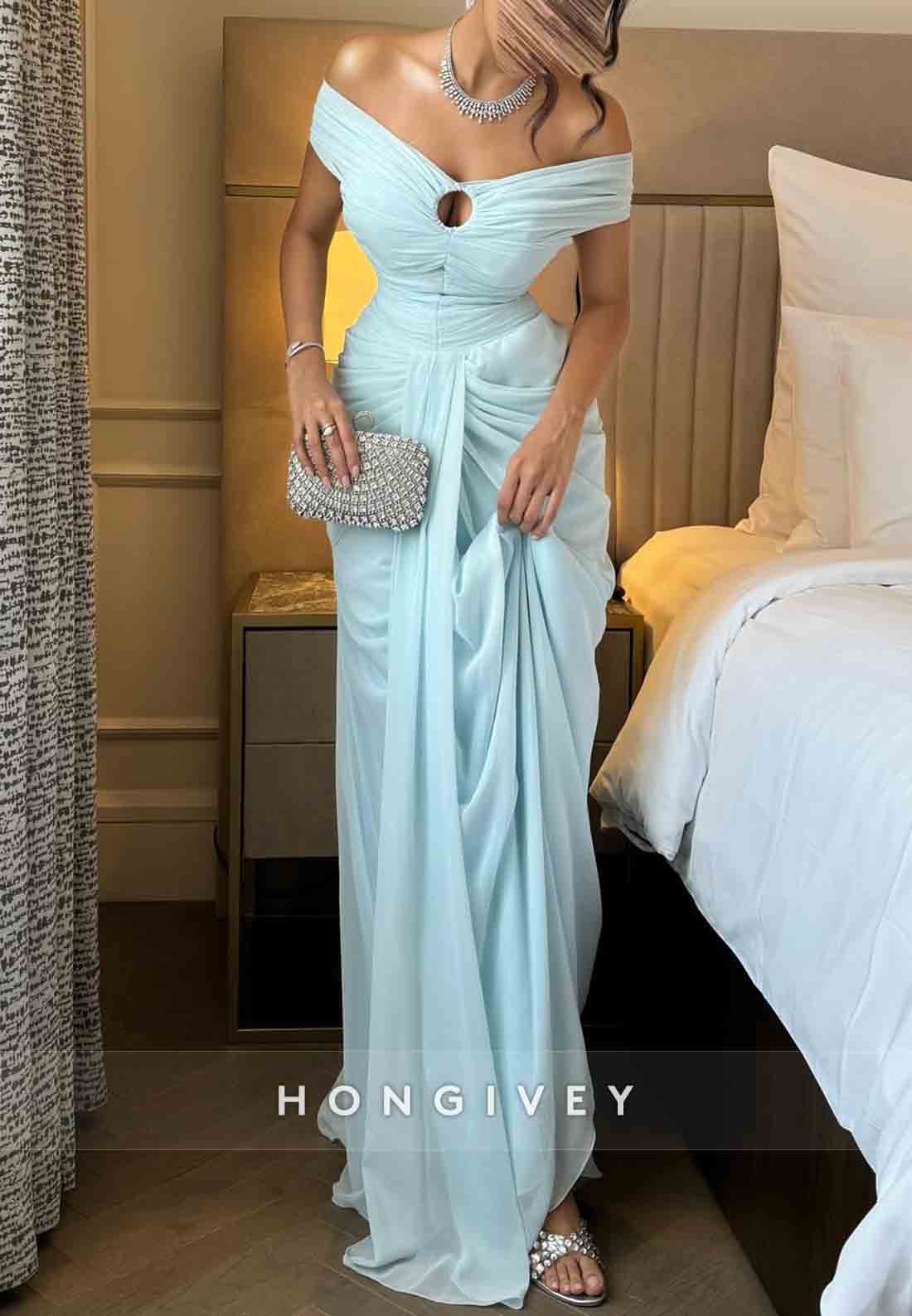 Tie Back Off the Shoulder Wedding Guest Light Blue Sheath Evening Gown