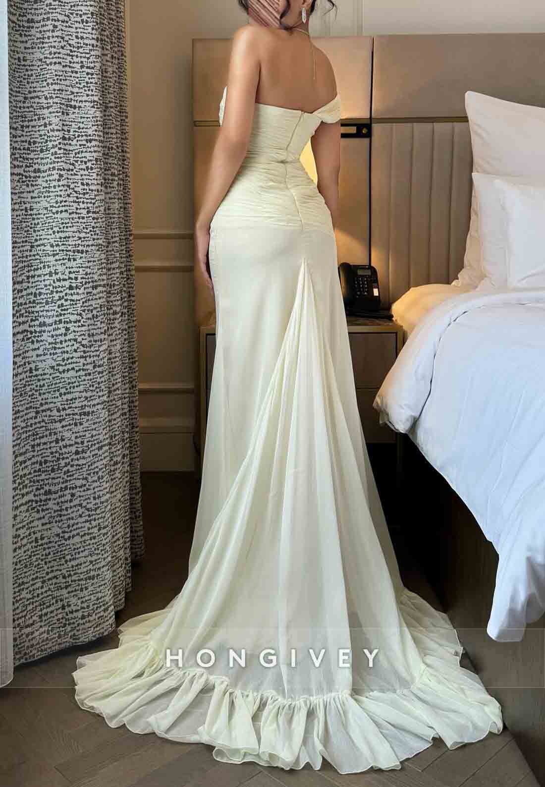 Trumpet Yellow Wedding Guest Off-Shoulder Ruched Floor-Length Evening Gown