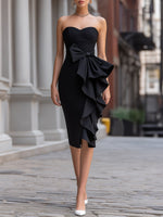 Elegant Black Strapless Bow Ruffle Midi Evening Dress