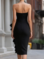 Elegant Black Strapless Bow Ruffle Midi Evening Dress