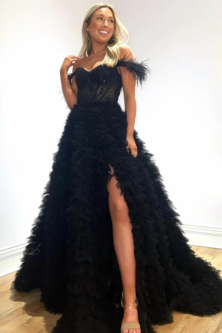 Blush Pink Off-Shoulder Feathered Corset Gown with Layered Ruffle Train