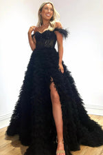 Blush Pink Off-Shoulder Feathered Corset Gown with Layered Ruffle Train