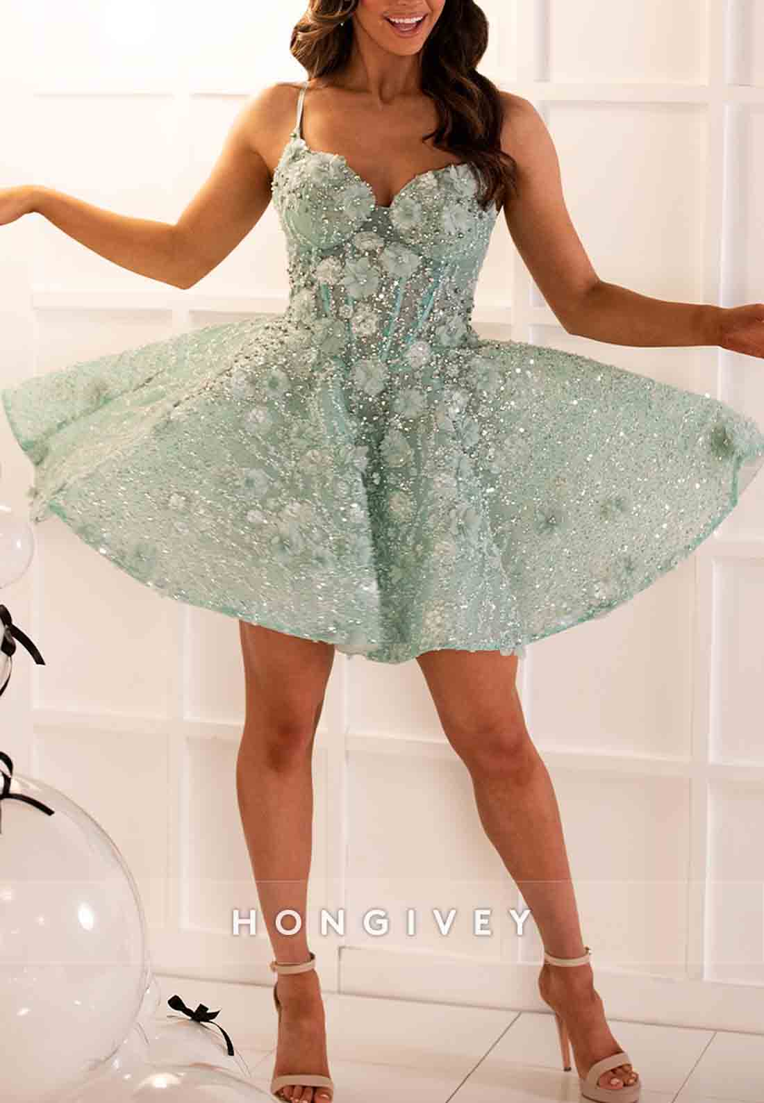 Sage Spaghetti Straps A-Line Sweetheart Homecoming Dress with Beading