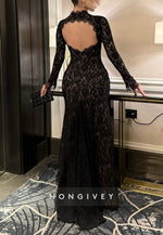 Black Lace Long Sleeves High Neck Side Slit Evening Gowns with Keyhole