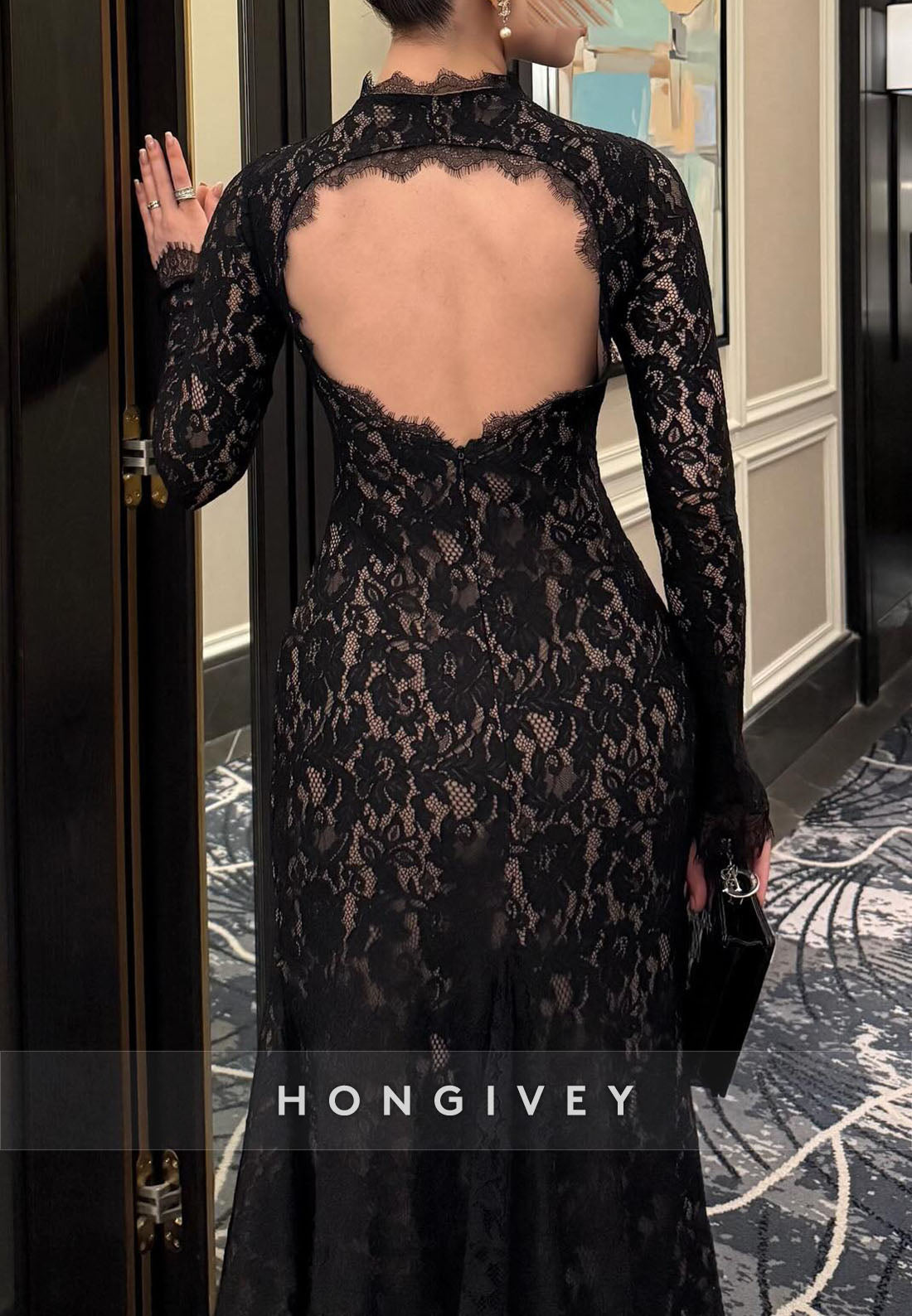 Black Lace Long Sleeves High Neck Side Slit Evening Gowns with Keyhole