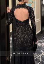 Black Lace Long Sleeves High Neck Side Slit Evening Gowns with Keyhole