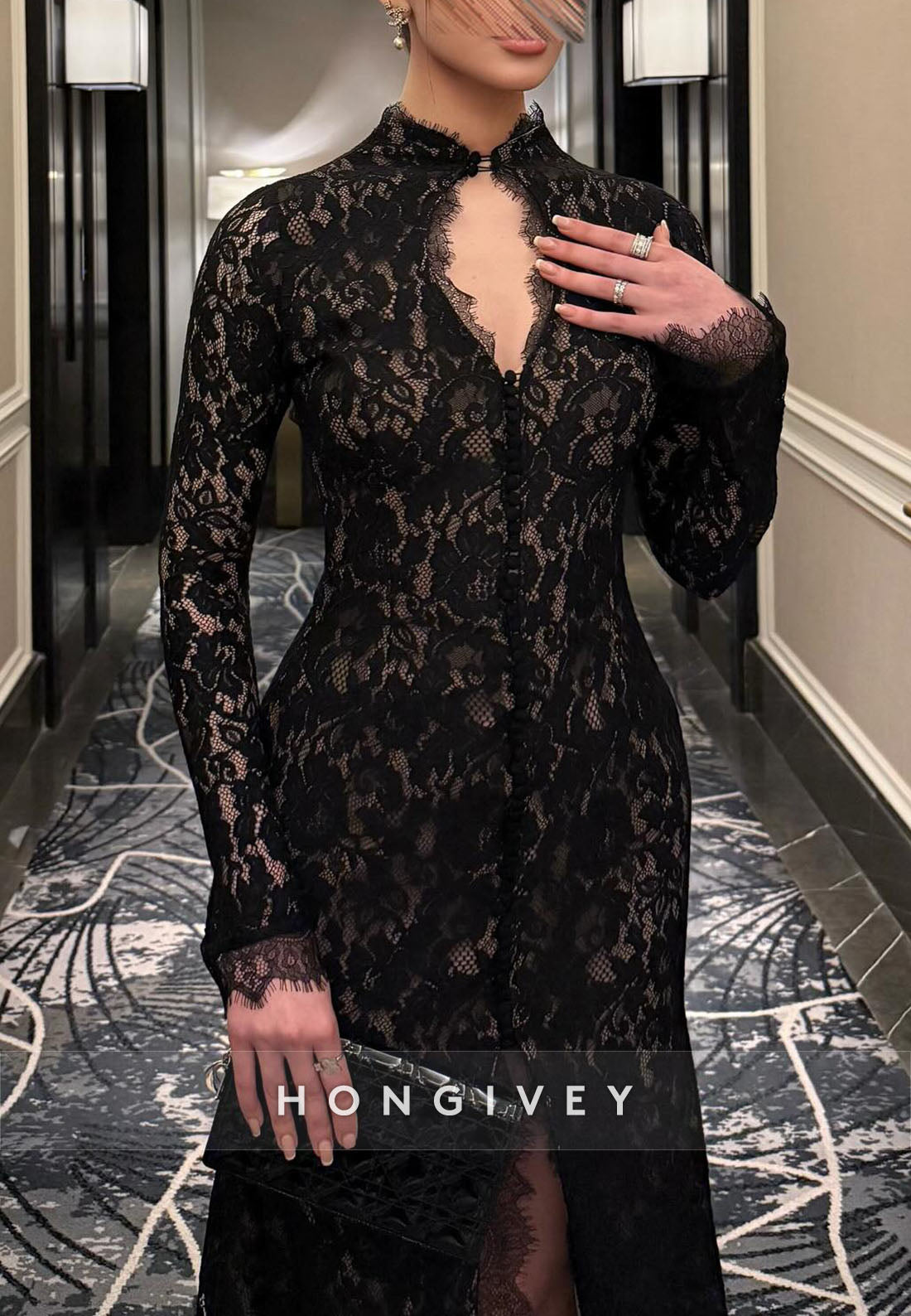 Black Lace Long Sleeves High Neck Side Slit Evening Gowns with Keyhole