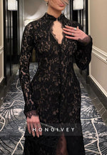 Black Lace Long Sleeves High Neck Side Slit Evening Gowns with Keyhole