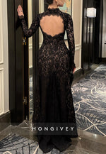 Black Lace Long Sleeves High Neck Side Slit Evening Gowns with Keyhole