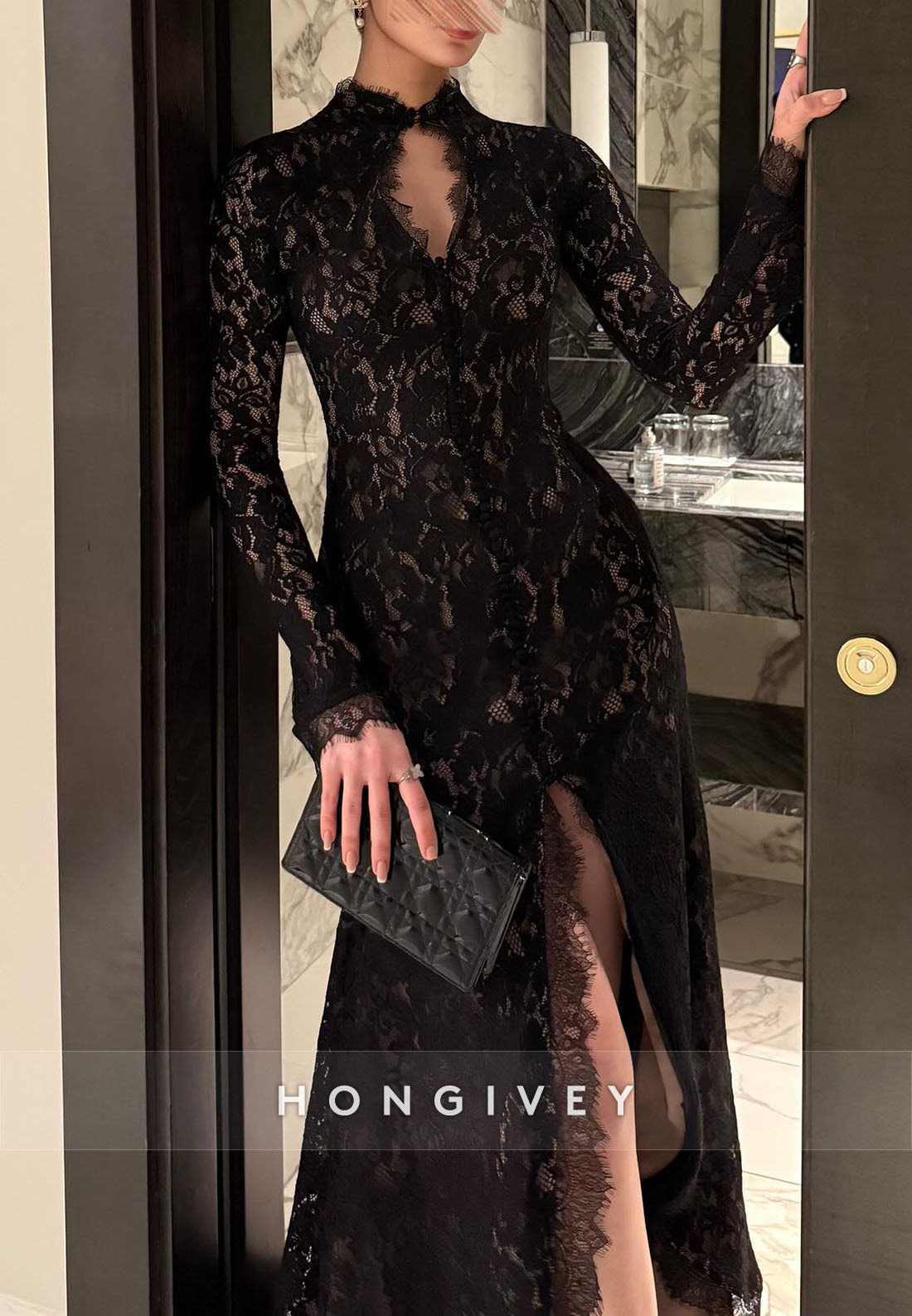 Black Lace Long Sleeves High Neck Side Slit Evening Gowns with Keyhole