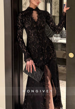 Black Lace Long Sleeves High Neck Side Slit Evening Gowns with Keyhole