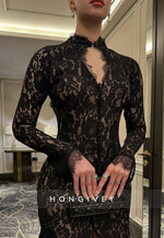 Black Lace Long Sleeves High Neck Side Slit Evening Gowns with Keyhole