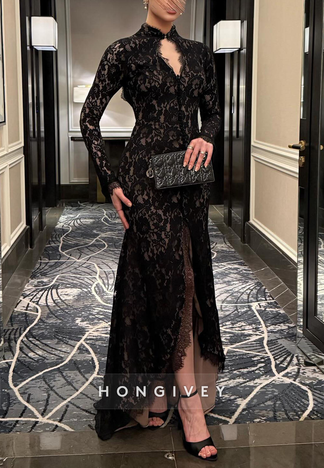 Black Lace Long Sleeves High Neck Side Slit Evening Gowns with Keyhole