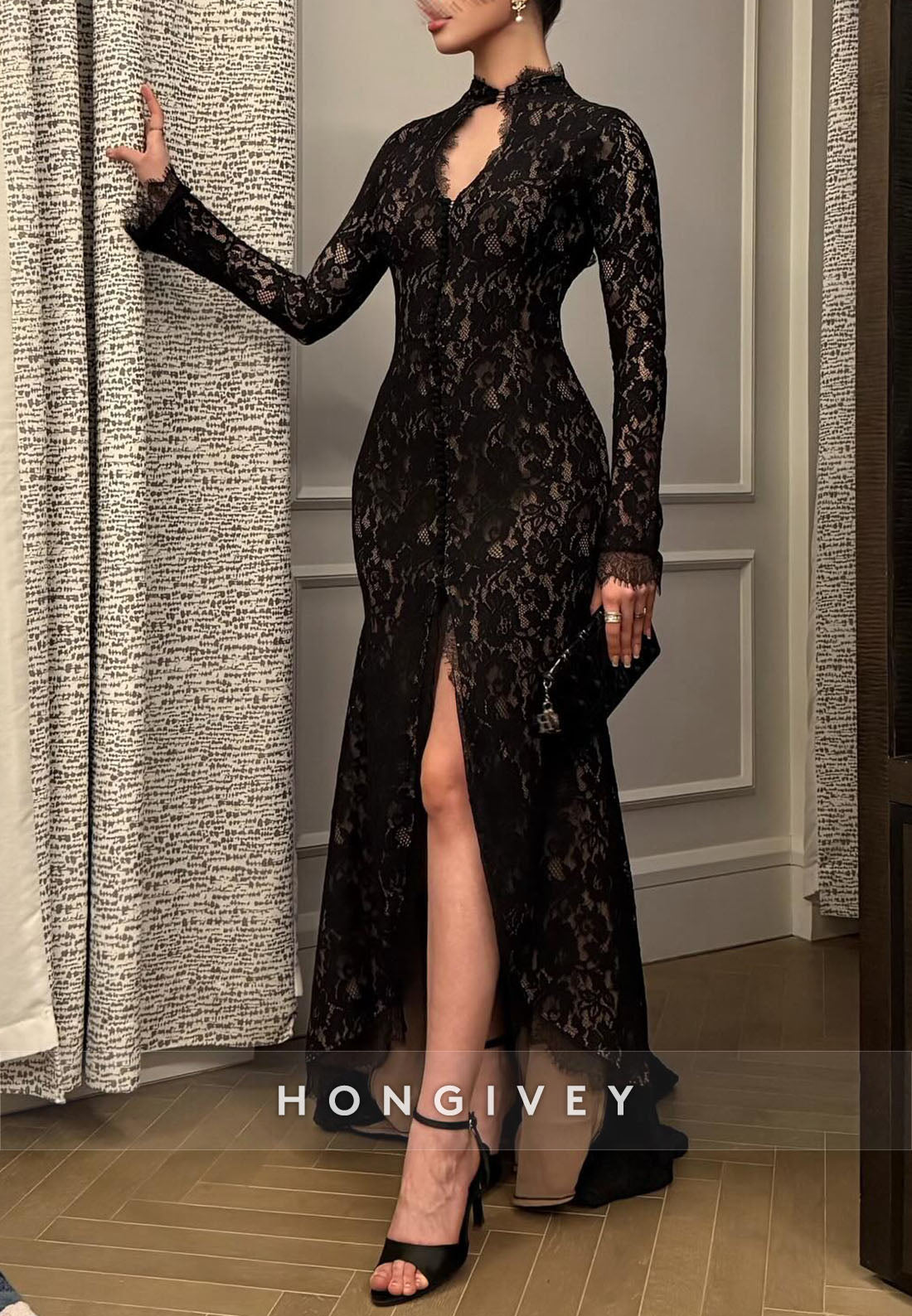 Black Lace Long Sleeves High Neck Side Slit Evening Gowns with Keyhole