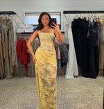 Sexy Yellow Halter Sleeveless Lace Mermaid Side Slit Prom Dress