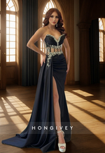 L1371 - Sexy Black Illusion Sweetheart Ruched With Side Slit Party Prom Evening Dress