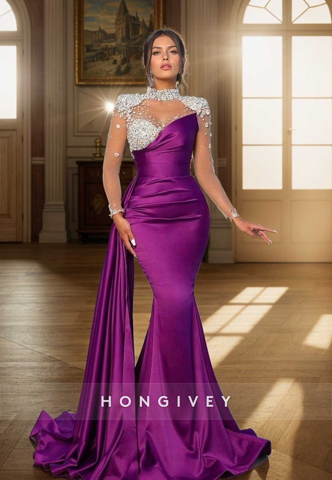 L1331 - Ornate High Neck Long Sleeves Crystal Embellished Ruched Long Party Prom Evening Dress