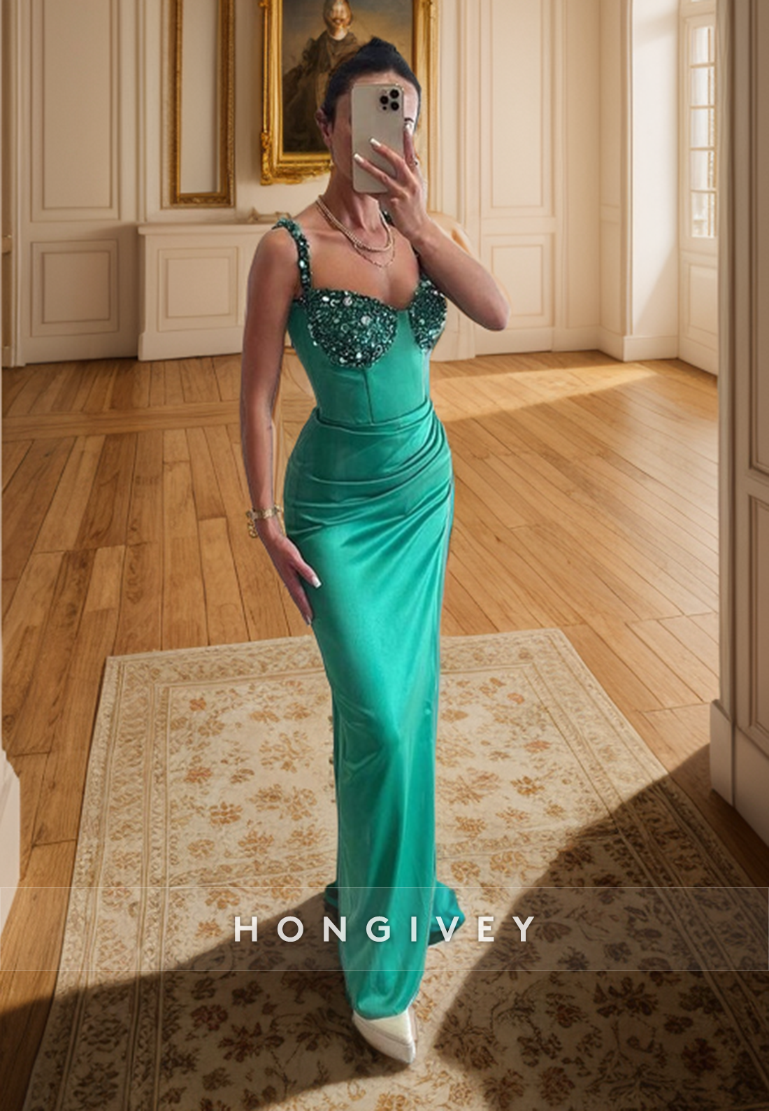 L1340 - Classic Sweetheart Spaghetti Straps Sequins Embellished Ruched  Party Prom Evening Dress