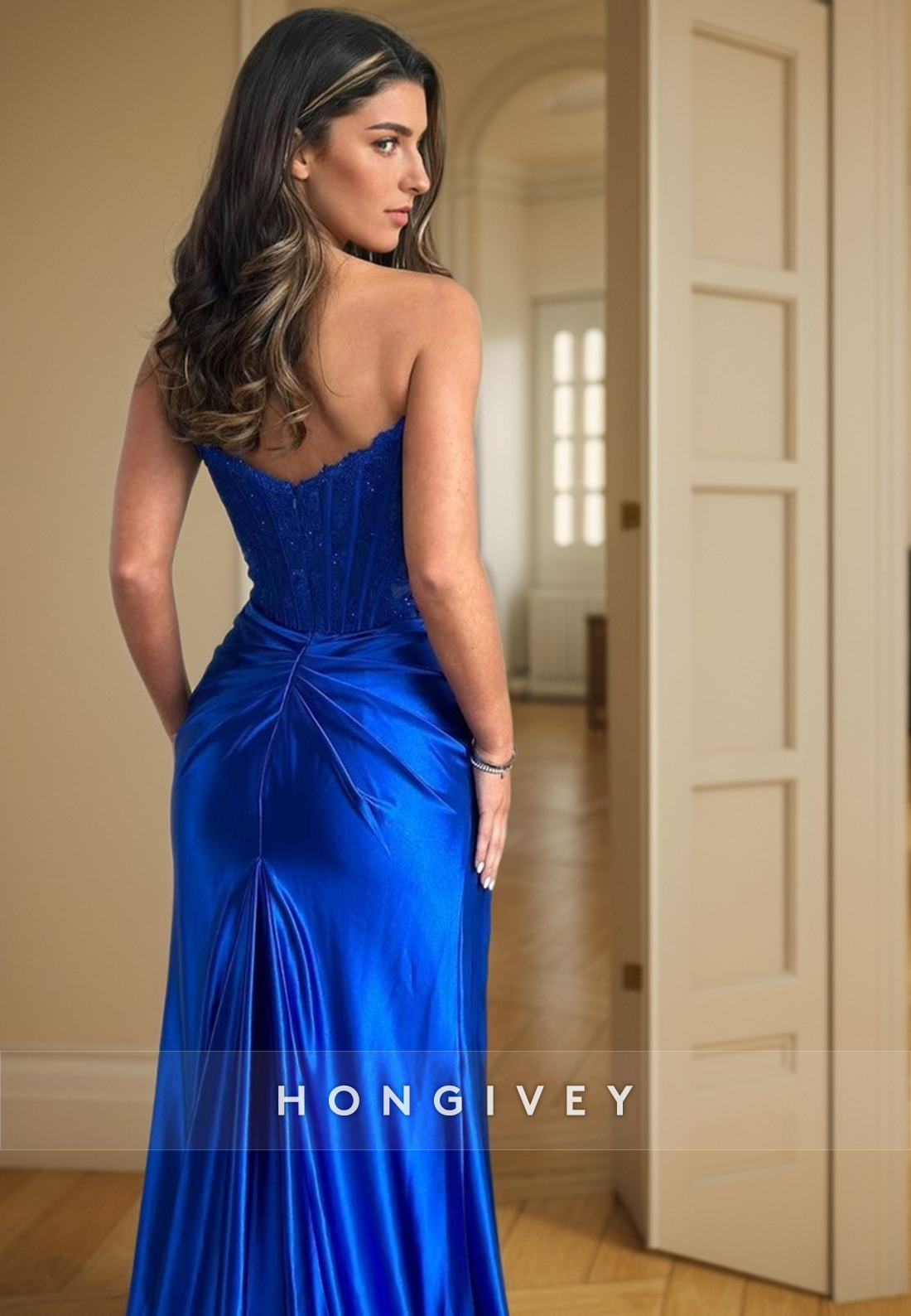 L1434 - Sexy Fitted Satin Bateau Strapless Ruched With Side Slit Train Party Prom Evening Dress