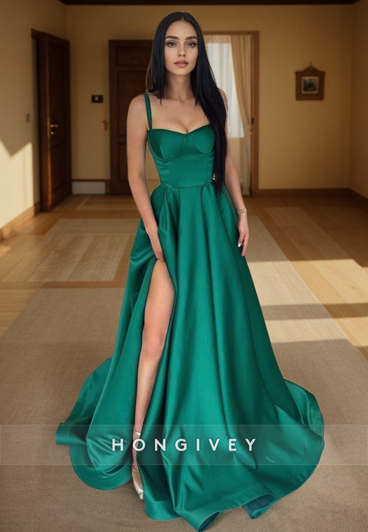 L1332 - Simple & Casual Satin Sweetheart Spaghetti Straps With Side Slit Party Prom Evening Dress