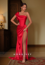 L0854 - Cap Sleeve Pleated Satin Wrap Gown With Side Slit