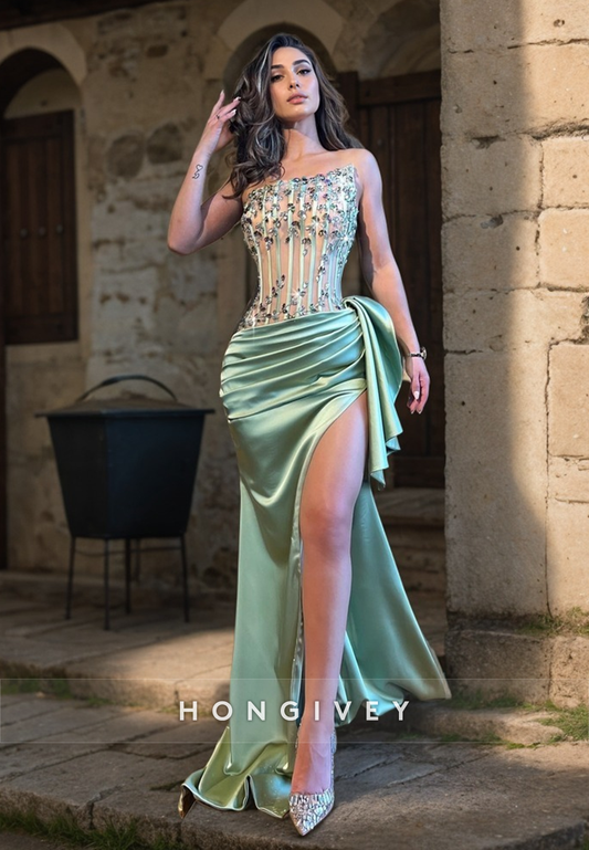 L1268 - Crystal Beaded Strapless With Train And Slit Evening Prom Formal Party Dress