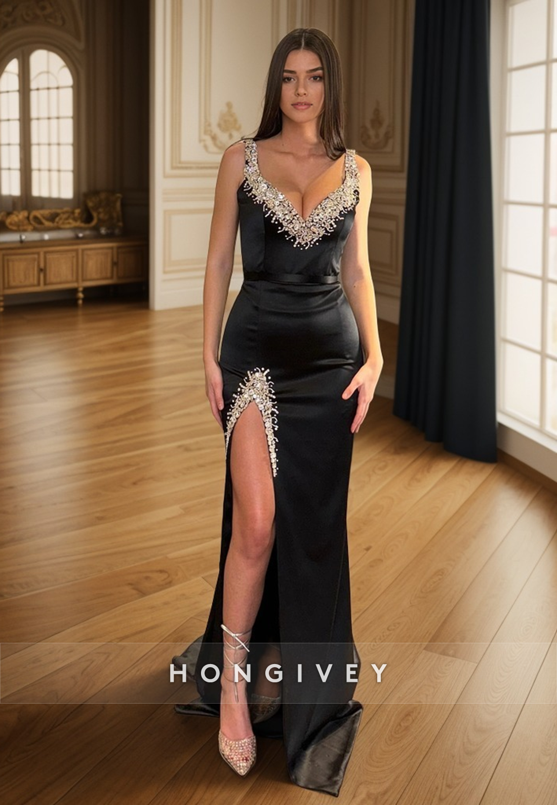 L2970 - Black V-Neck Spaghetti Straps Beaded Long Prom Dress