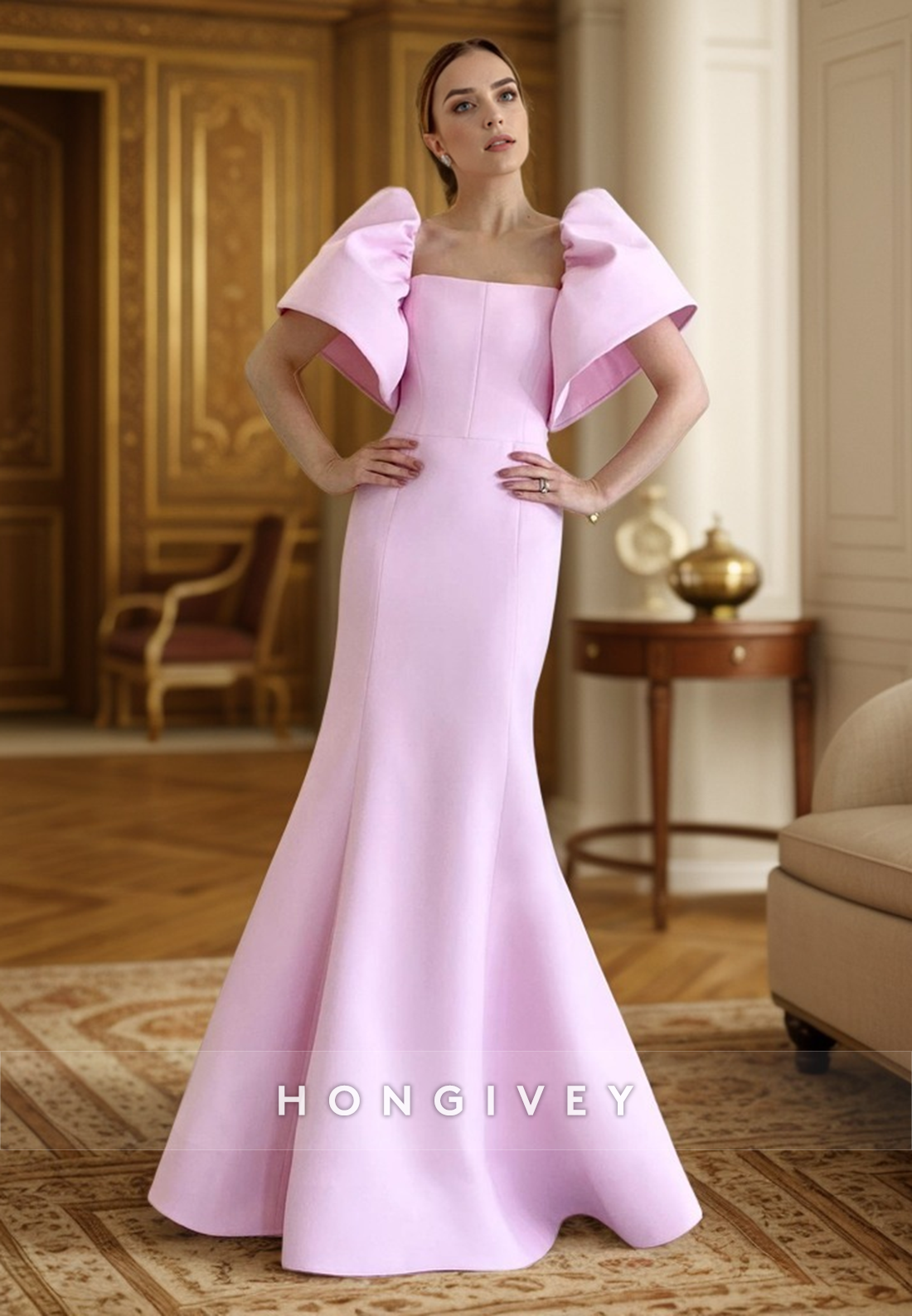 L2986 - Satin Trumpet Square Puff Sleeves Gown Party Prom Evening Dress