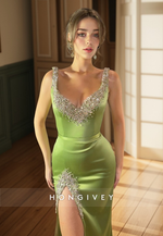 L2968 - Satin V-Neck Spaghetti Straps Beaded Party Prom Evening Dress