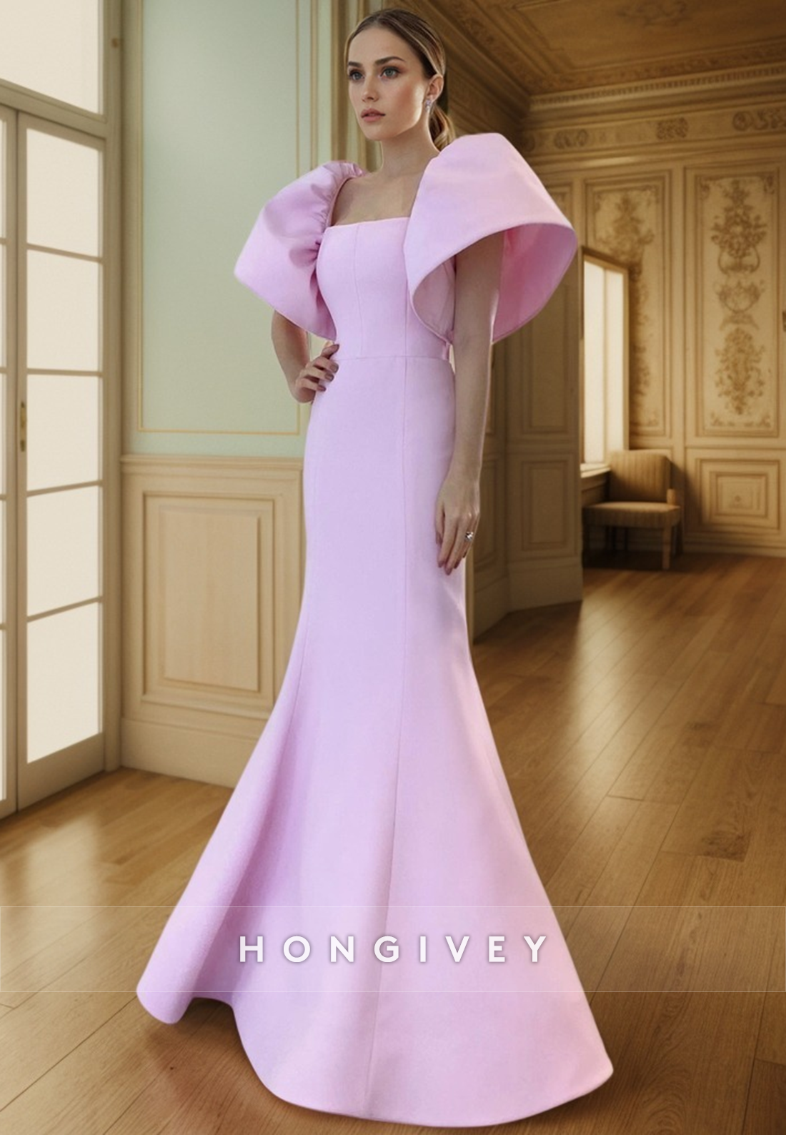 L2986 - Satin Trumpet Square Puff Sleeves Gown Party Prom Evening Dress