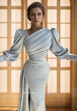 L2973 - Satin Fitted Asymmetrical Long Sleeve Party Prom Evening Dress