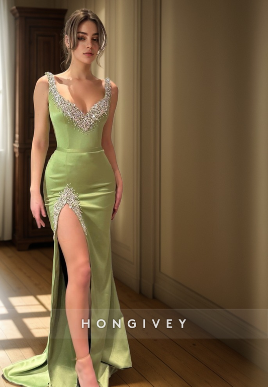 L2968 - Satin V-Neck Spaghetti Straps Beaded Party Prom Evening Dress