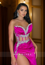 L2958 - V-Neck Strapless Beaded Empire With Silde Slit Porm Dress