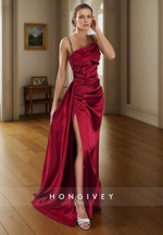 L2960 - Satin Spaghetti Straps Ruched Beaded With Side Slit Party Prom Evening Dress