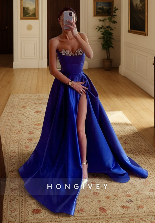 L1338 - Classic & Timeless Satin Bateau Strapless Empire With Side Slit Party Prom Evening Dress