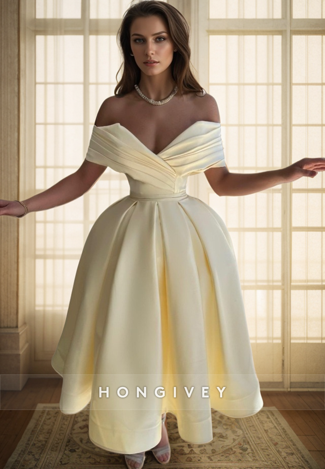 L2975 - Satin A-Line Off-Shoulder Party Prom Evening Dress