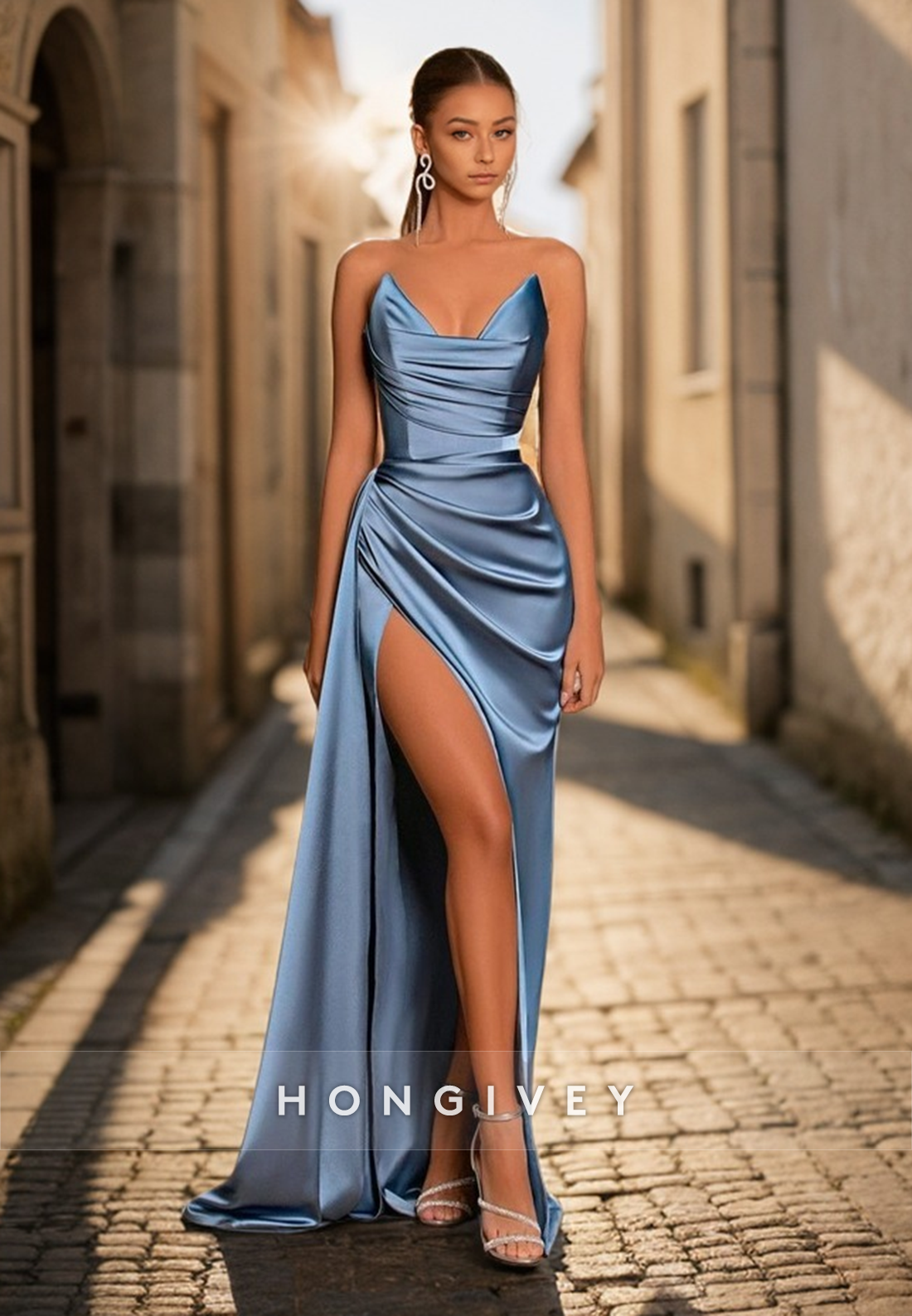 L0974 - Simple Couture Strapless Draped With Train and High Slit Evening Party Prom Formal Dress