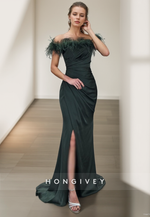 L2963 - Feathers Off-Shoulder Ruched With Side Slit Party Prom Evening Dress