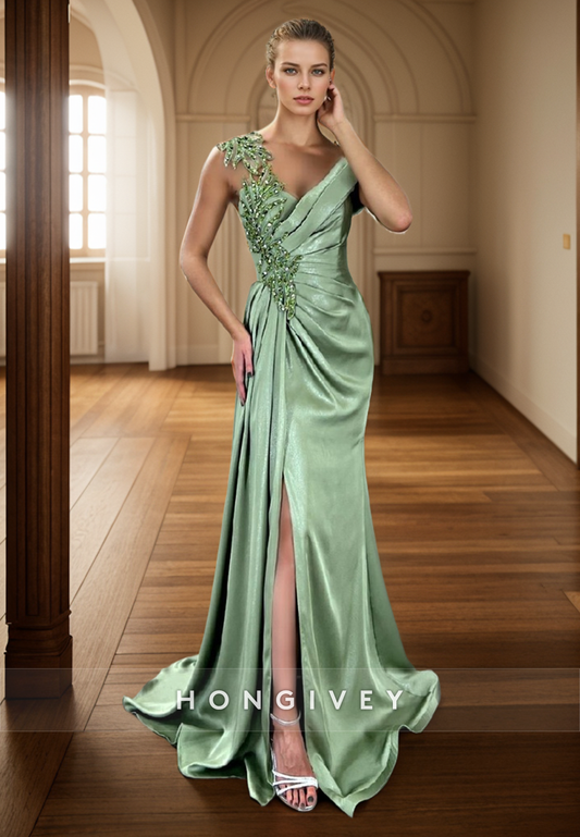 L2965 - Chic Asymmetrical Appliques With Side Slit Party Prom Evening Dress