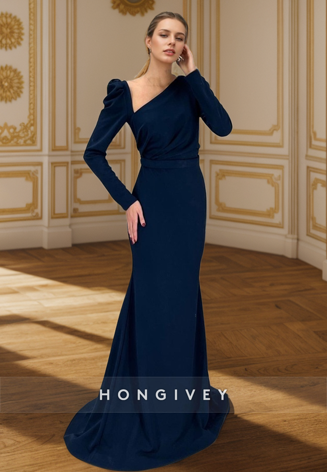 L2966 - Trumpet Asymmetrical Long Sleeve Empire Party Prom Evening Dress