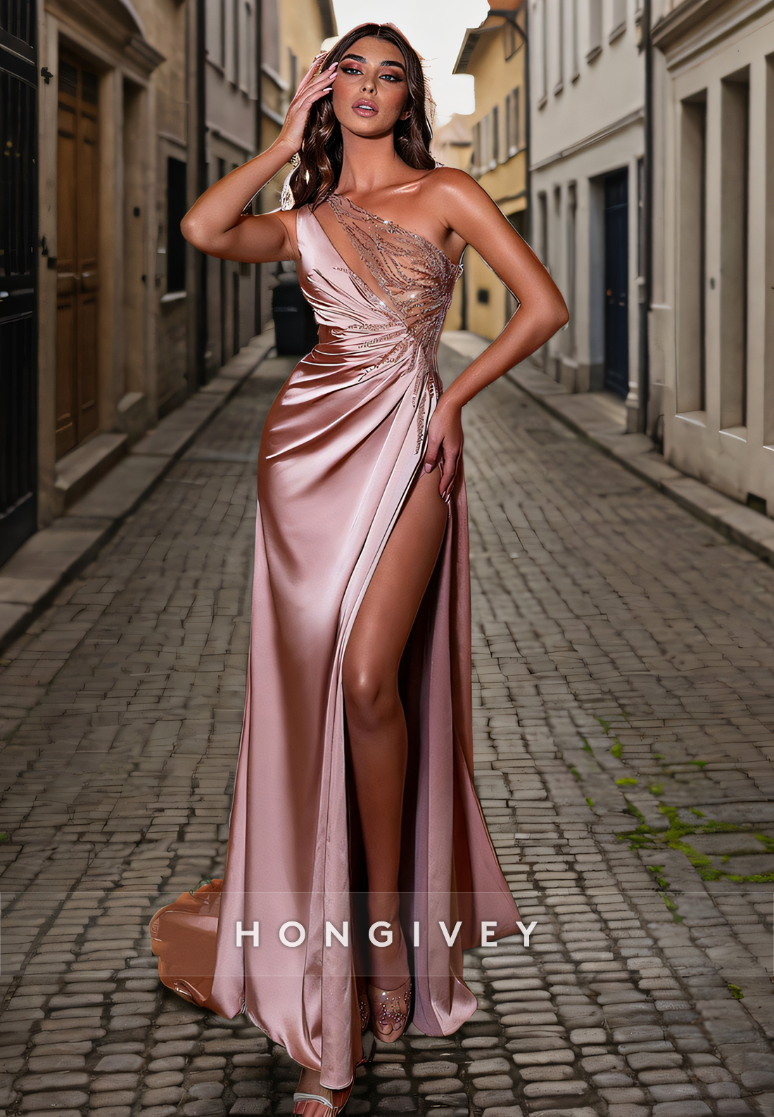 L1189 - Crystal Beaded Illusion Ruched With Train And Slit Formal Party Prom Evening Dress