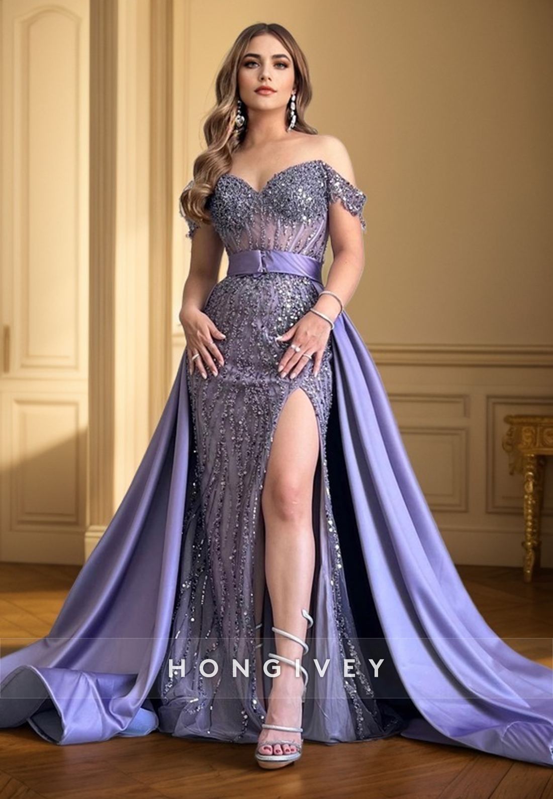 L1001 - Sparkly Crystal Beaded Illusion With Train And Slit Party Prom L1001 - Sparkly Crystal Beaded Illusion With Train And Slit Party Prom
