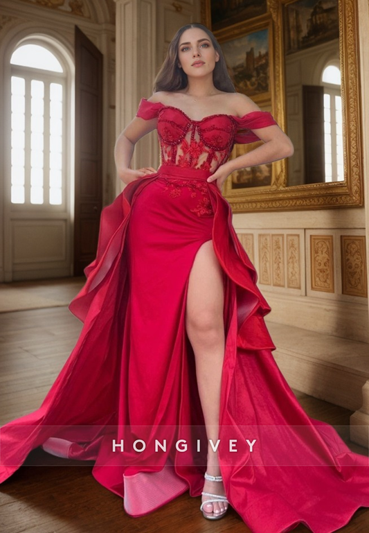 L1412 - Sexy Satin A-Line Off-Shoulder Illusion With Side Slit Train Party Prom Evening Dress