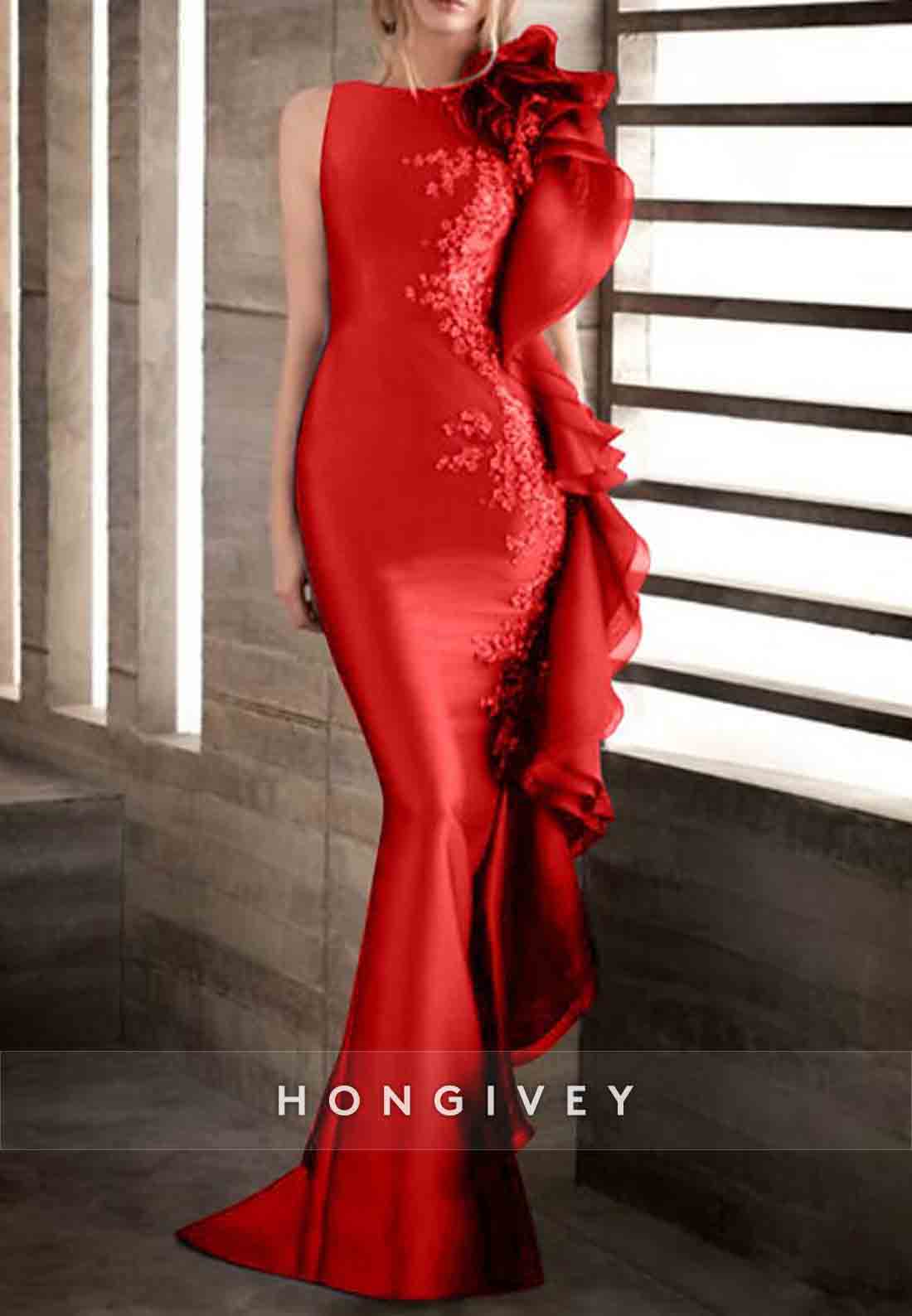 Sleeveless Satin Mermaid Floor-Length Appliqued Evening Gowns with Ruffles