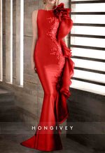 Sleeveless Satin Mermaid Floor-Length Appliqued Evening Gowns with Ruffles